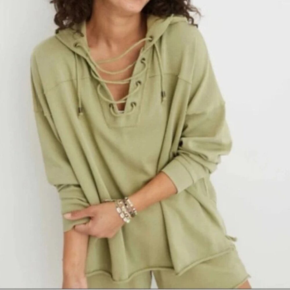 Aerie Green Lace Up Front Long Sleeve Hoodie - Size S